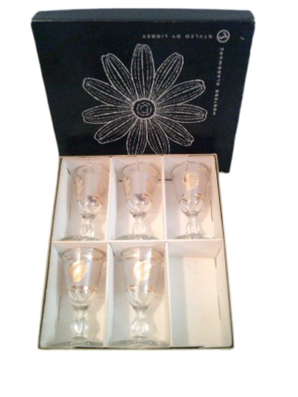 Vintage Libbey Hostess Glassware 1 oz. Cordial Glasses 'Gold Leaves' Set of 5